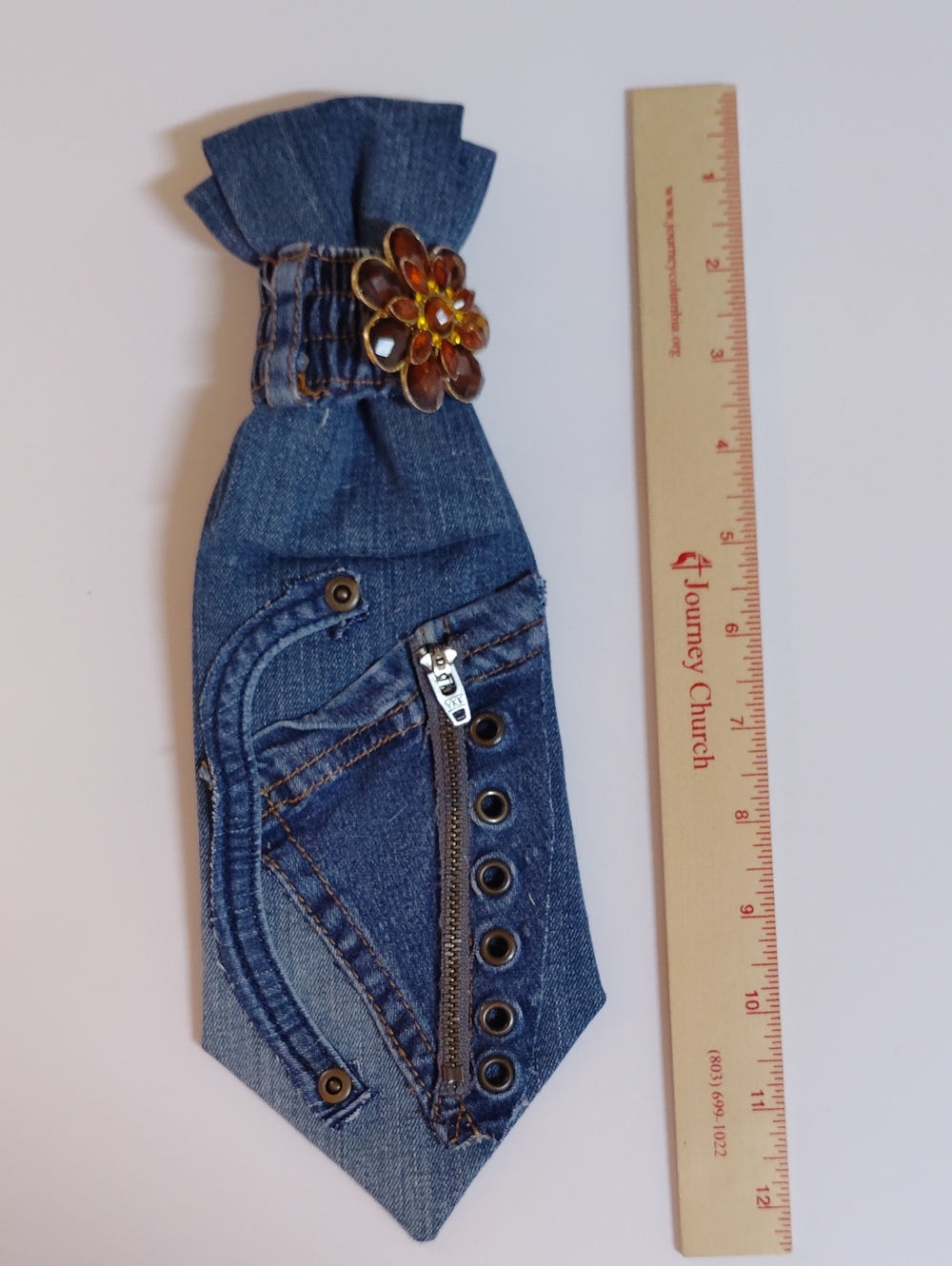 Denim Blue Women's Tie with Amber Flower Accent - Picture 3 of 3